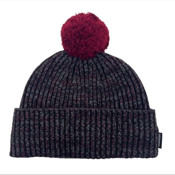 NWT New LULULEMON Textured Fleece Lined Knit Beanie Pom Pom Hat Gray Black Red main image 4